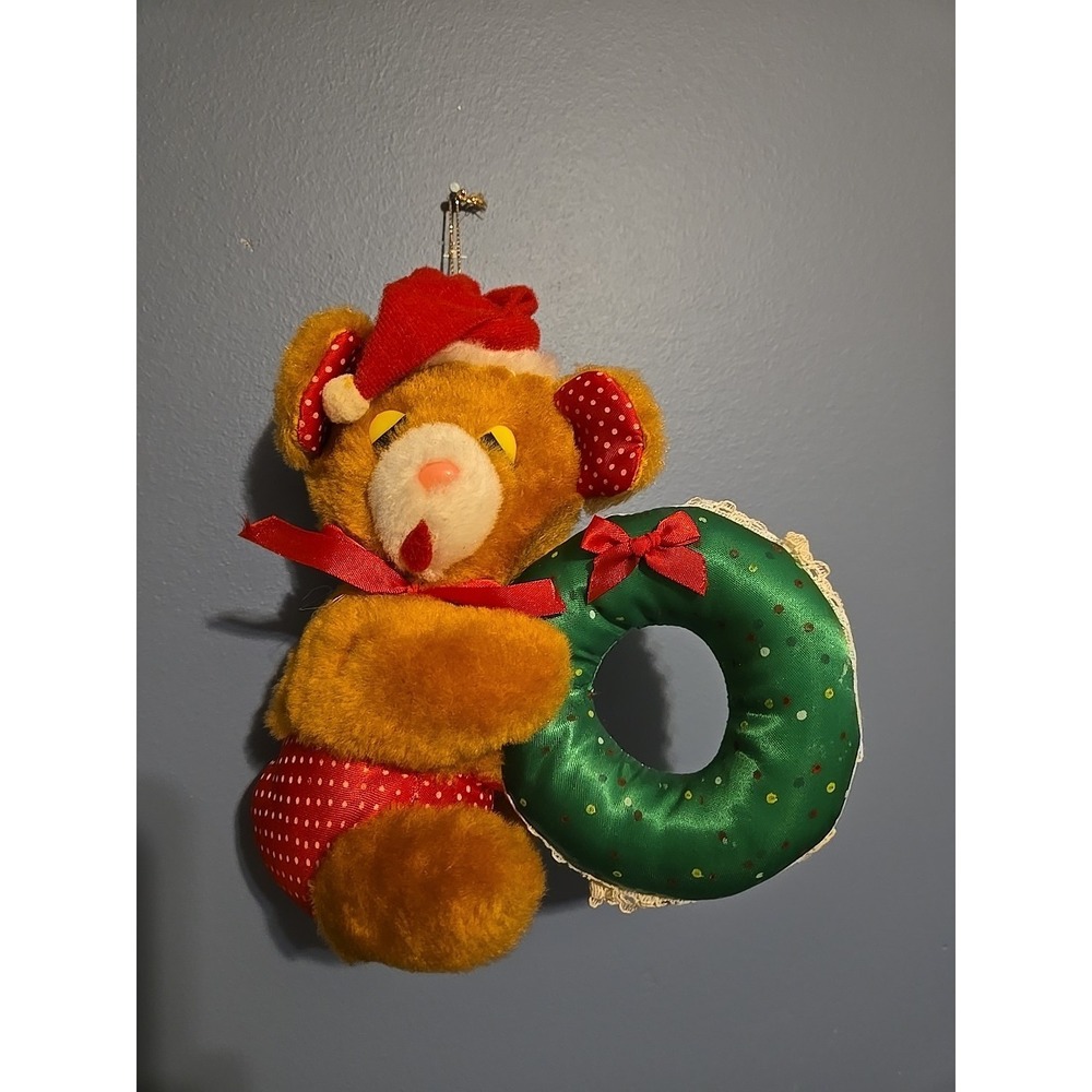 Fun World‎ Plush Bear Holding Wreath Christmas Hat Silky Pants Ornament 4" Vtg